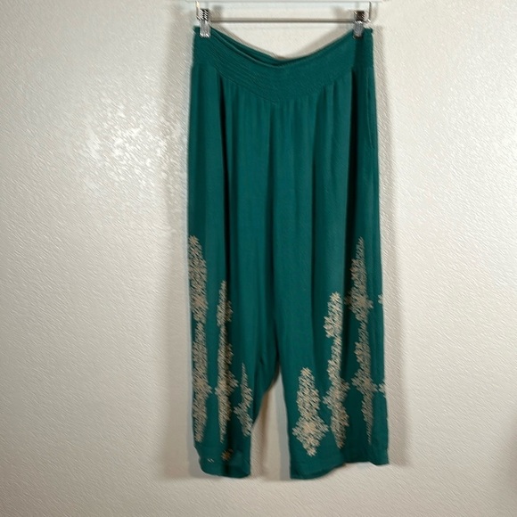 Sundance Teal Wide Leg Crop Embroidered Boho Pants Size Small - Picture 1 of 11